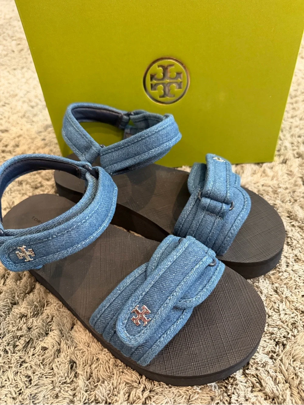 Tory Burch Denim Blue Strap Sandals with Logo Hardware